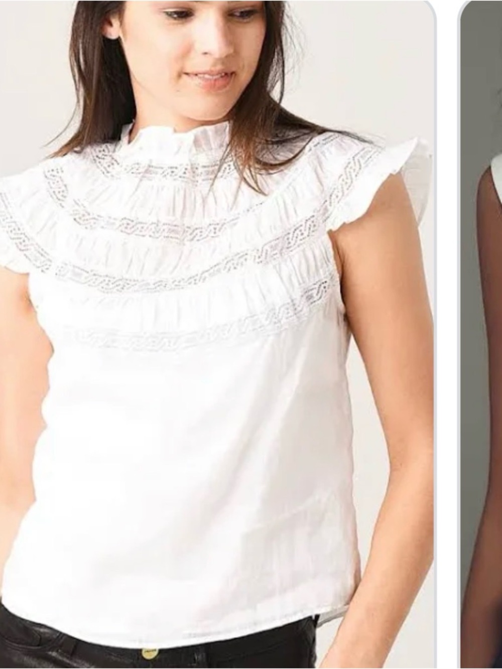 Frame Denim White Lace-Trim Ruffle Yoke Blouse